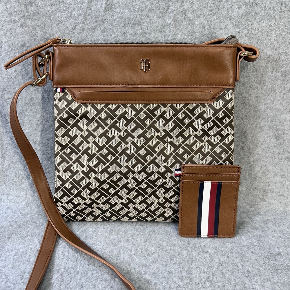 Tommy Hilfiger Brown Monogram Crossbody Bag Purse w/ Matching Card Holder